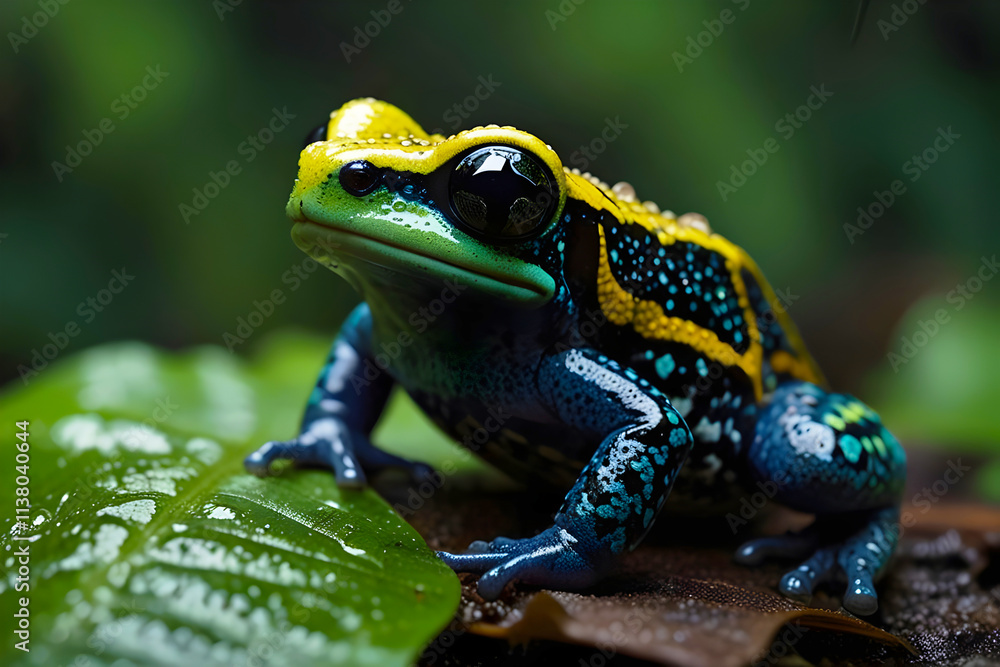 Poison Dart Frog Crouching On a Leaf, Moisture Droplets On its Shine And Colorful Skin Poison Dart Frog Crouching On a Leaf, Moisture Droplets On its Shine And Colorful Skin