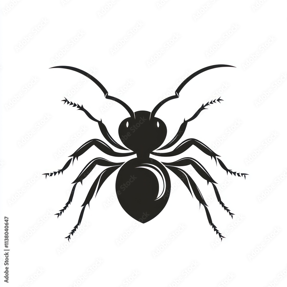 Black silhouette of an ant with detailed legs and antennae. Black silhouette of an ant with detailed legs and antennae.