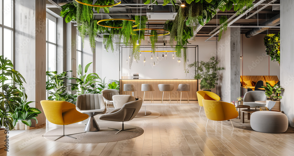 Fototapeta premium A modern open office space with greenery atmospher and ecofriendly design, showcasing an organic modern style.