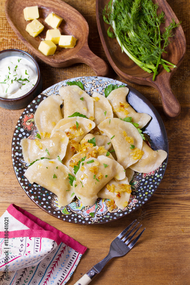 Dumplings with minced meat filling. Varenyky, vareniki, pierogi, pyrohy - dumplings with filling. High angle view Dumplings with minced meat filling. Varenyky, vareniki, pierogi, pyrohy - dumplings with filling. High angle view
