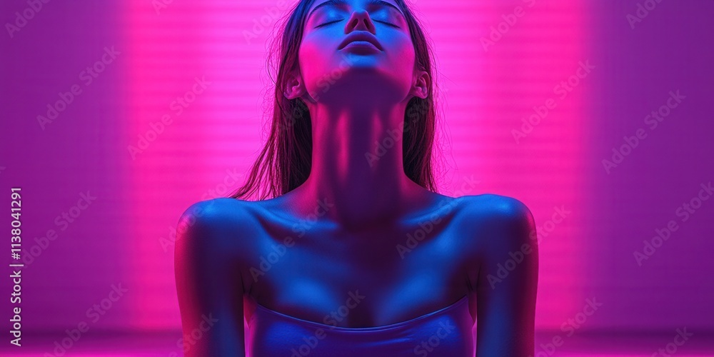 Model poses in vibrant neon lighting with serene expression and soft shadows during an indoor photoshoot at night Model poses in vibrant neon lighting with serene expression and soft shadows during an indoor photoshoot at night
