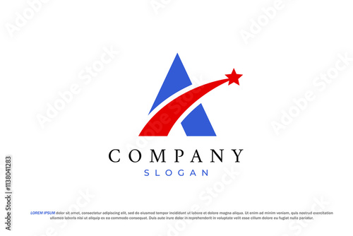 letter a shooting star usa american flag logo red and blue color sparkle