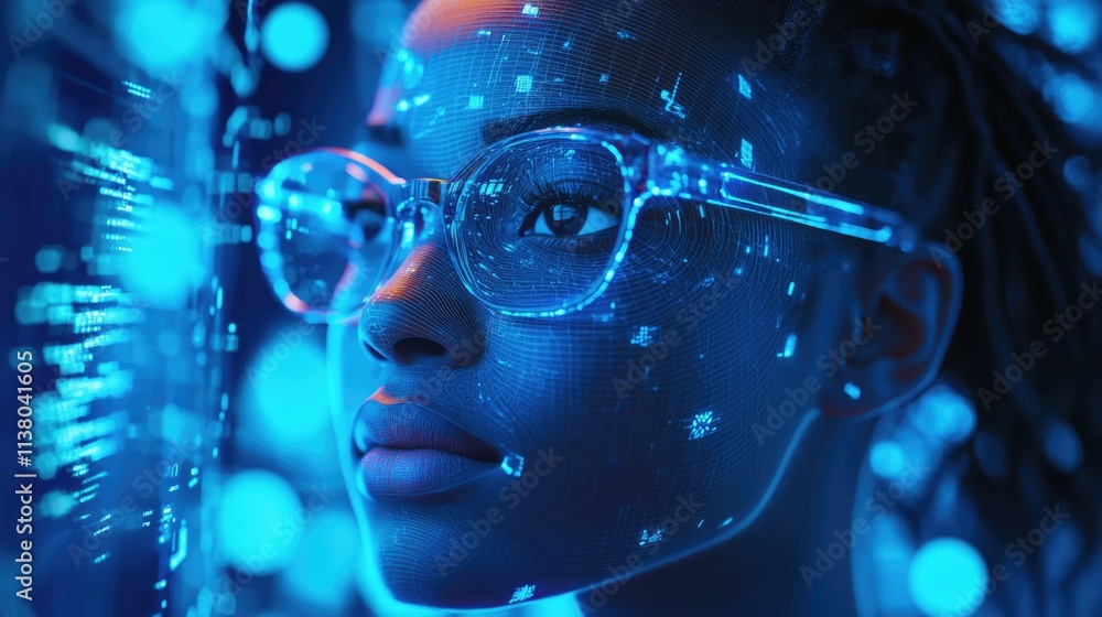 An African American woman with glasses, surrounded by holographic data and digital symbols representing advanced technology in the tech industry. An African American woman with glasses, surrounded by holographic data and digital symbols representing advanced technology in the tech industry.