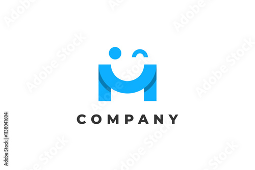 letter m smile face cute logo with one eye closed with light blue color