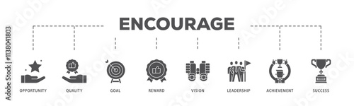 Encourage infographic icon flow process which consists of opportunity, quality, goal, reward, vision, leadership, achievement, success icon live stroke and easy to edit .