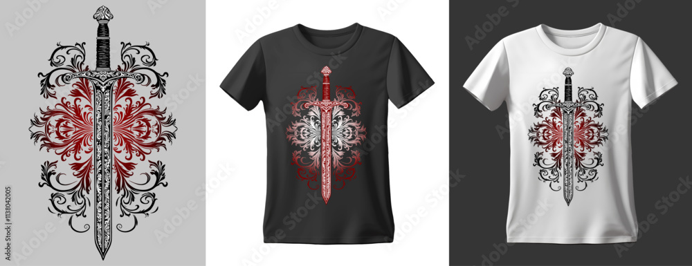 Beautiful detailed medieval sword, typography design. Ready to print on t shirts, mug and all of print items. Vector vintage illustration. T-Shirt design template. Beautiful detailed medieval sword, typography design. Ready to print on t shirts, mug and all of print items. Vector vintage illustration. T-Shirt design template.