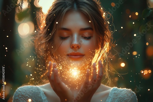Captivating woman in forest emitting light from her hands during golden hour with sparkles surrounding her