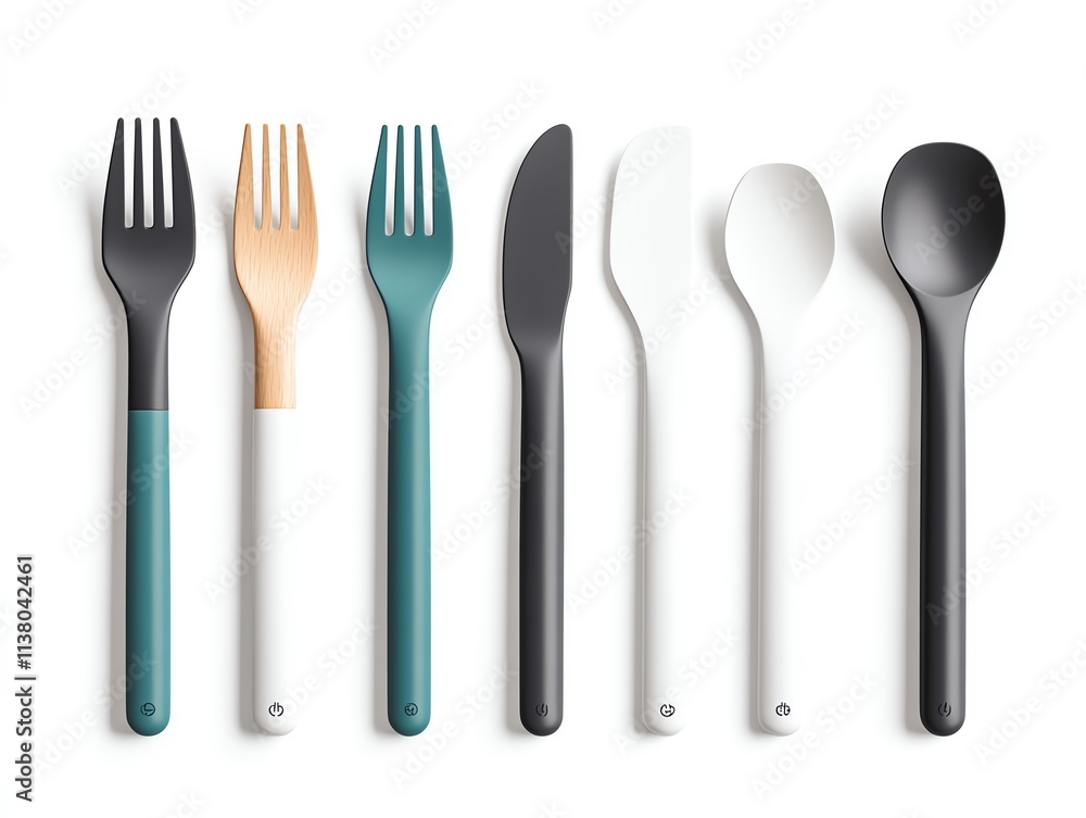 Colorful cutlery arrangement on a white background. Colorful cutlery arrangement on a white background.