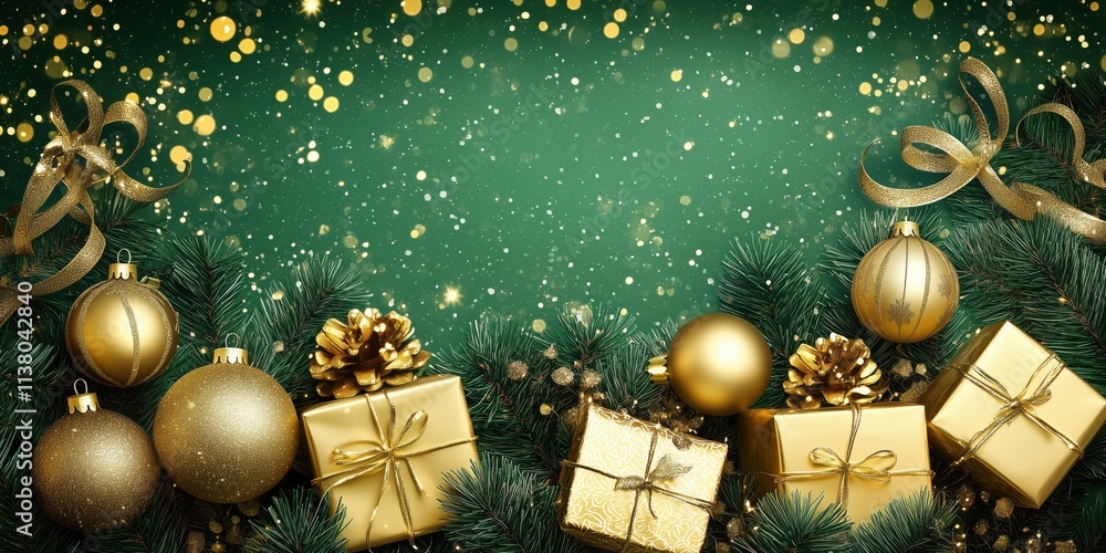 Christmas decorations with gifts, ornaments, and greenery. Golden ornaments, wrapped gifts, and festive ribbons create a joyful holiday atmosphere. Christmas decorations with gifts, ornaments, and greenery. Golden ornaments, wrapped gifts, and festive ribbons create a joyful holiday atmosphere.