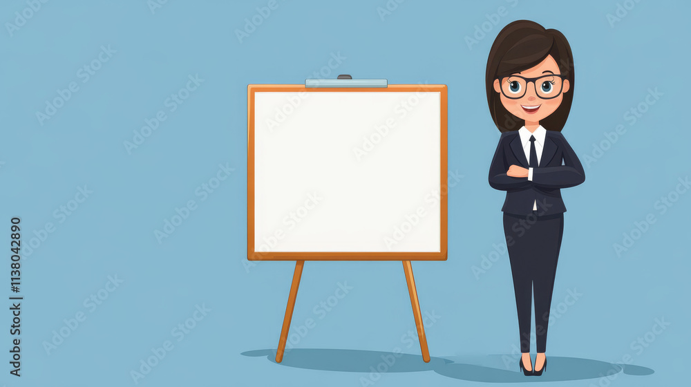confident businesswoman stands beside blank presentation board, ready to present confident businesswoman stands beside blank presentation board, ready to present