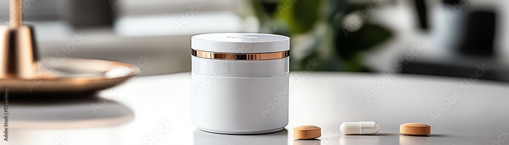 Elegant container with pills on modern table. Elegant container with pills on modern table.