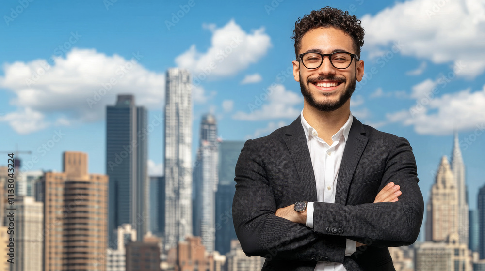 confident entrepreneur standing in front of city skyline, showcasing ambition and success confident entrepreneur standing in front of city skyline, showcasing ambition and success