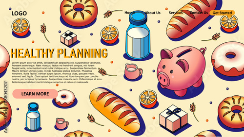 Piggy bank for Healthy Food Planning, vector art, simple, minimalist, vibrant color, seamless pattern