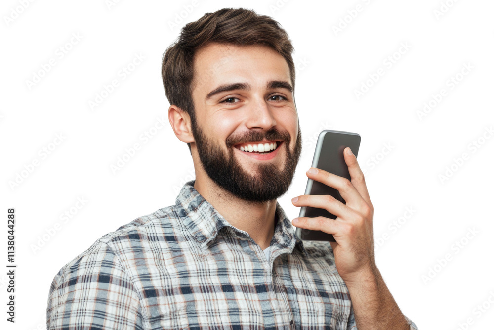 Portrait of pleased handsome man using mobile phone isolated over PNG Portrait of pleased handsome man using mobile phone isolated over PNG