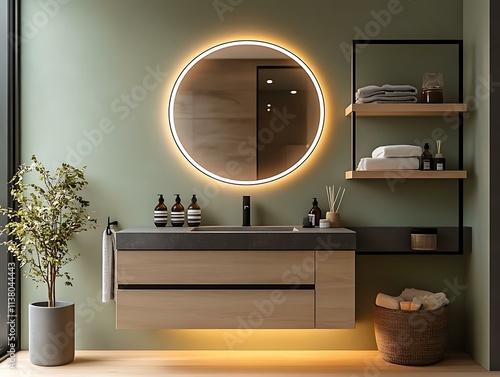 Modern Minimalist Bathroom Vanity with Round Mirror