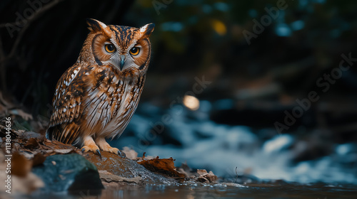 An owl perched by a nighttime stream, sipping water under the glow of the moon photo