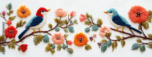 A whimsical embroidered design of birds and flowers in vibrant colors on a clean white background