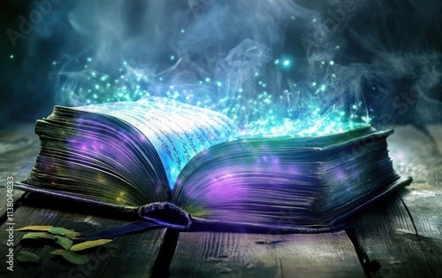 An enchanted open book emits magical light and sparkles, creating a mystical atmosphere in a dark environment. photo