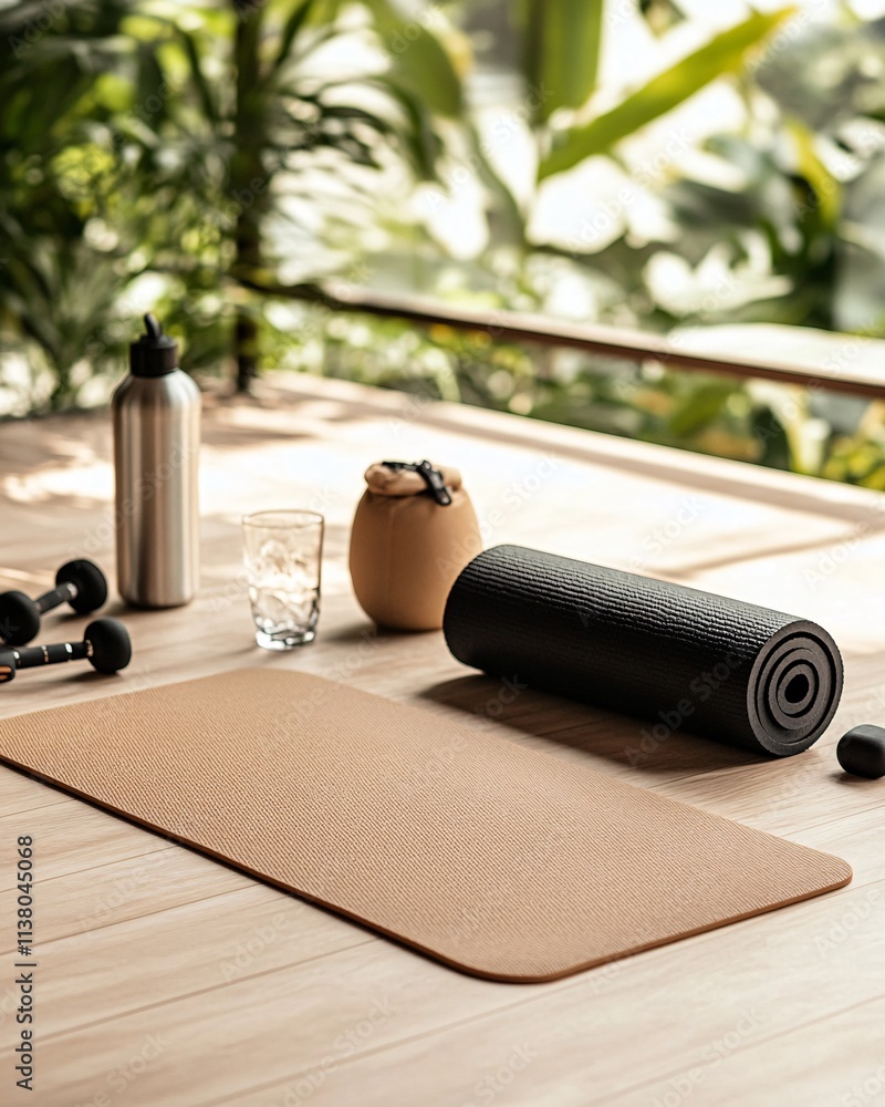 Yoga Mat and Fitness Equipment on Wooden Table Yoga Mat and Fitness Equipment on Wooden Table