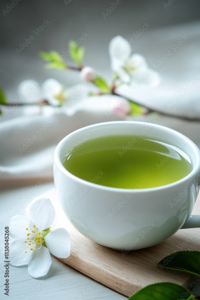 tea time atmosphere, green tea in a charming cup on wood, with blossoms and a light spring breeze tea time atmosphere, green tea in a charming cup on wood, with blossoms and a light spring breeze
