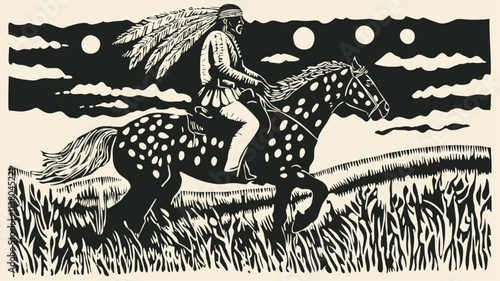 Native American riding a horse across the prairie, engraving style, vector illustration.