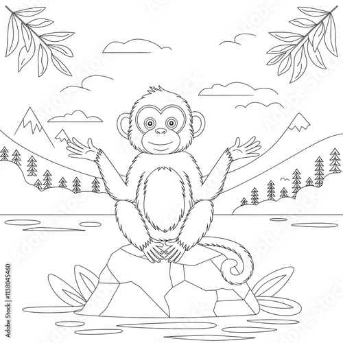 A line art monkey illustration of a coloring page 