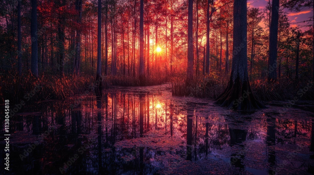 Obraz premium Serene Sunset Over Alabama Swamp with Reflections and Vibrant Autumn Colors in a Lush Forest Setting