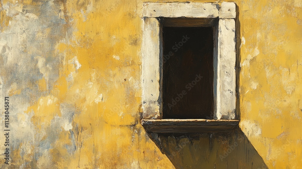 Rustic charm of an antique wall featuring a solitary window with a weathered yellow background and soft shadows. Rustic charm of an antique wall featuring a solitary window with a weathered yellow background and soft shadows.