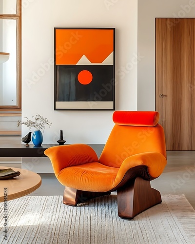 Modern Living Room with Orange Accent Chair and Abstract Art