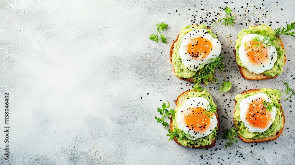 Smoked salmon toasts with avocado cream poached eggs and sesame seeds on a textured background ideal for text insertion Smoked salmon toasts with avocado cream poached eggs and sesame seeds on a textured background ideal for text insertion