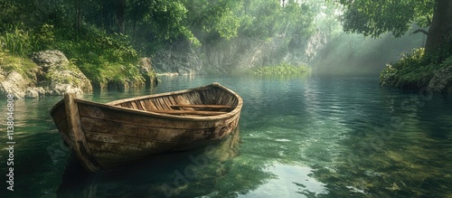 Wallpaper Mural Vintage wooden boat floating in tranquil waters surrounded by lush greenery and soft morning light in a serene natural landscape. Torontodigital.ca