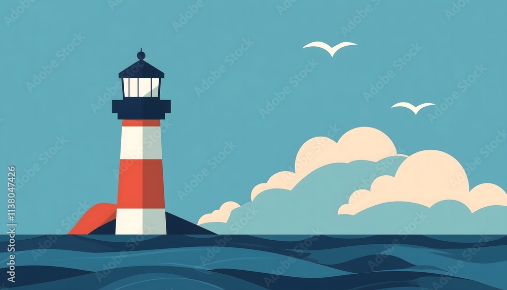 A simple cartoon-like illustration of a red and white lighthouse under a blue sky A simple cartoon-like illustration of a red and white lighthouse under a blue sky