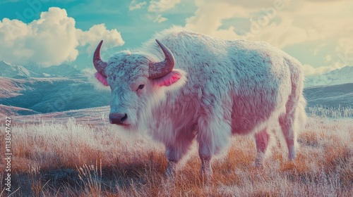 Majestic albino buffalo standing in a serene landscape with vibrant skies and lush grass, highlighting its unique beauty and natural habitat. photo