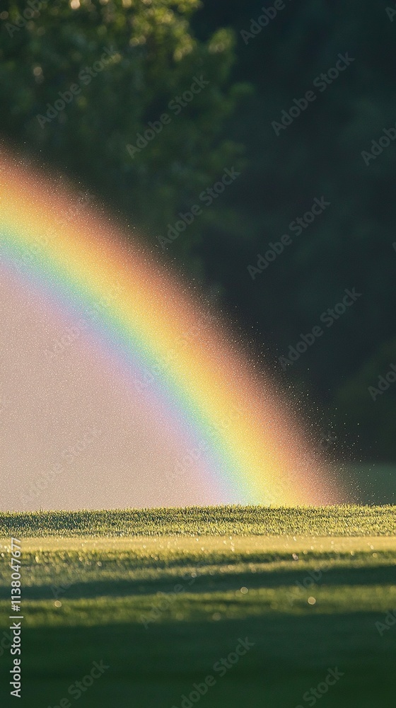 Fototapeta premium Vibrant rainbow arching over a lush green field.