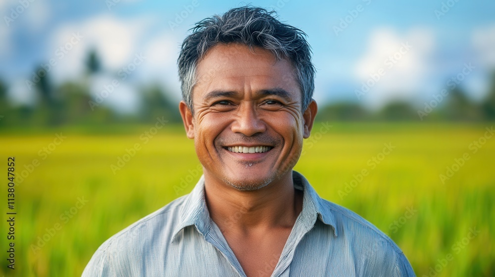 Smiling man stands proudly in lush green rice field under a clear blue sky during daytime Smiling man stands proudly in lush green rice field under a clear blue sky during daytime