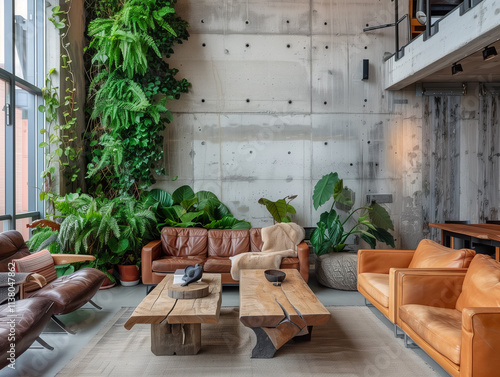 A modern open office space with greenery atmospher and ecofriendly design, showcasing an organic modern style. photo