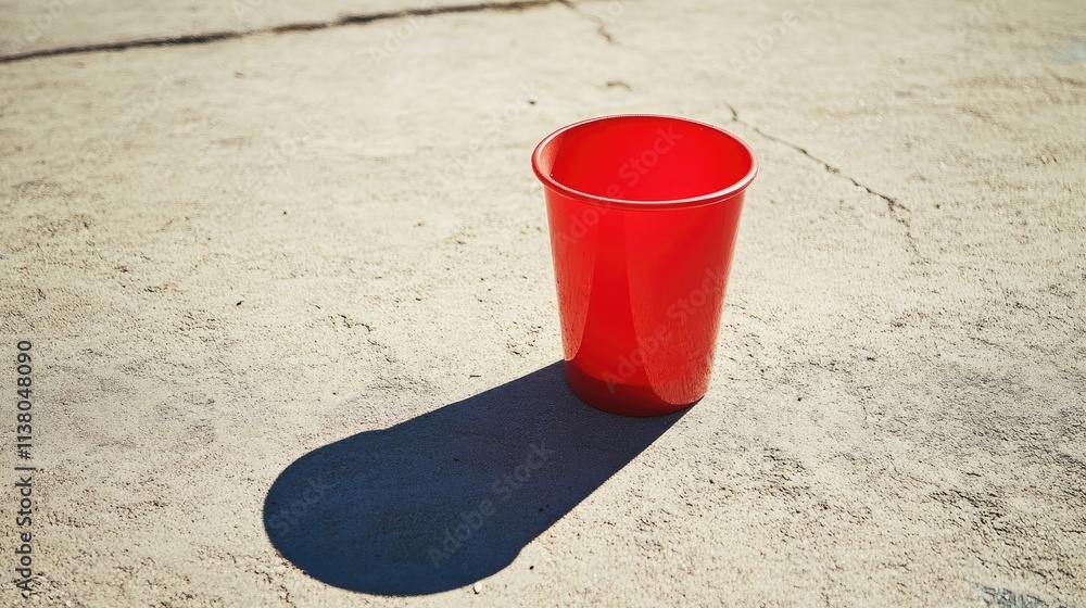 Single use red plastic cup casting a shadow on a concrete surface highlighting environmental concerns and waste issues Single use red plastic cup casting a shadow on a concrete surface highlighting environmental concerns and waste issues