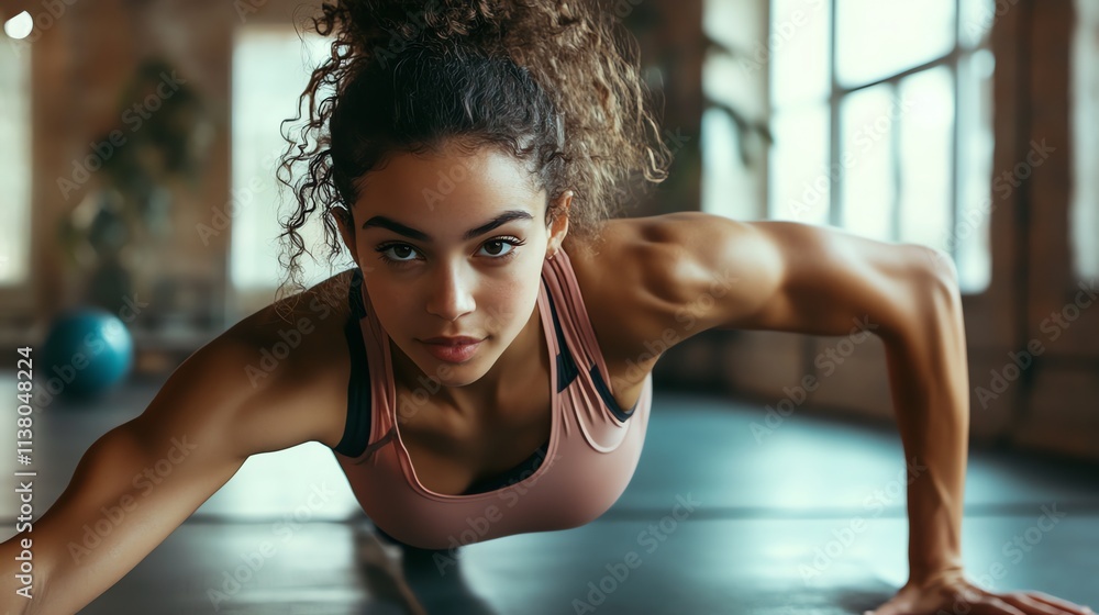 A woman in a pink sports bra does a pushup, looking directly at the camera. A woman in a pink sports bra does a pushup, looking directly at the camera.