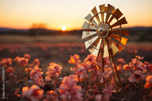 scene combines natural beauty of a sunset with human innovation of a windmill's rotating blades photo