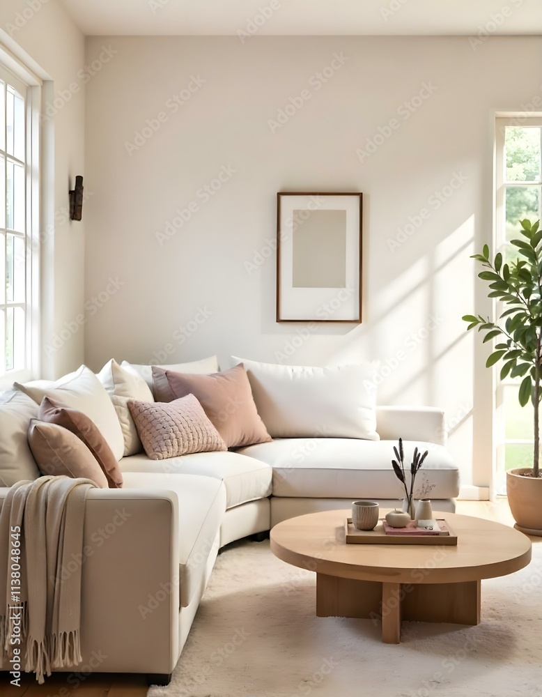 A cozy and minimalist living room with a large beige sectional sofa, a wooden coffee table, and decorative elements like feathers and plants. A cozy and minimalist living room with a large beige sectional sofa, a wooden coffee table, and decorative elements like feathers and plants.