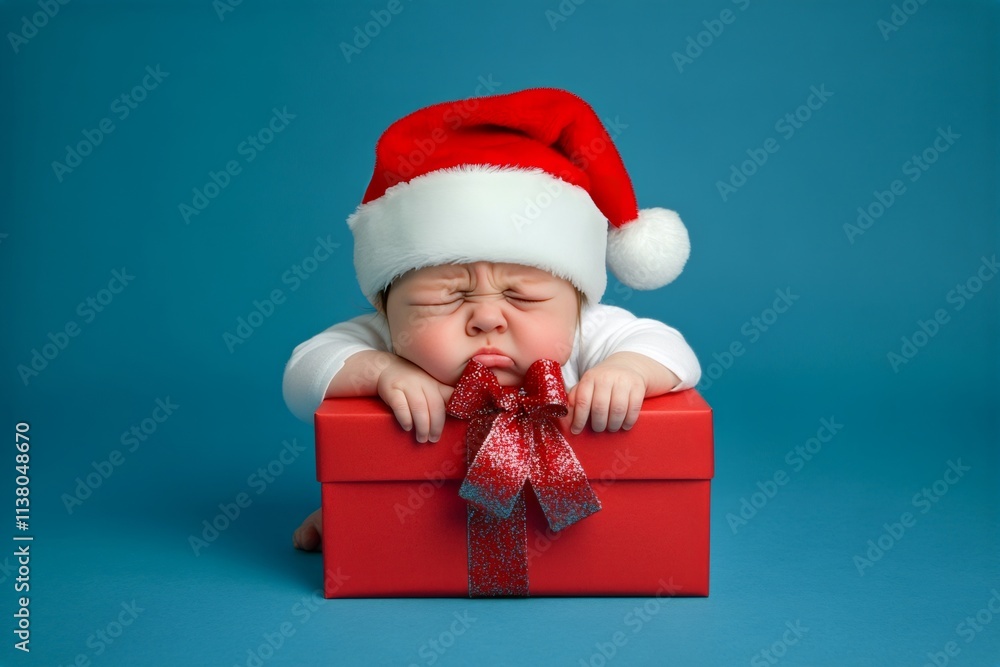 Isolated white white baby girl in red xmas hat with package in hands, on blue background. Copyspace. Studio xmas scene. Kid christmas decor. Professional christmas card. Gift opening kid. Isolated white white baby girl in red xmas hat with package in hands, on blue background. Copyspace. Studio xmas scene. Kid christmas decor. Professional christmas card. Gift opening kid.