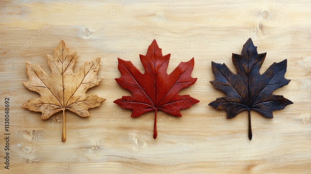 Obraz premium Three vibrant maple leaves in shades of red, brown, and gold arranged on a textured wooden background showcasing autumn's beauty.