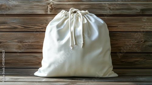 A simple white drawstring bag resting on a wooden surface. It’s minimalist and stylish, perfect for casual use or as a gift.