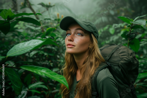 Portrait of young teenage girl with backpack, exploring lush, misty forest, showcasing adventure and nature beauty, symbolizing curiosity and sense of discovery photo