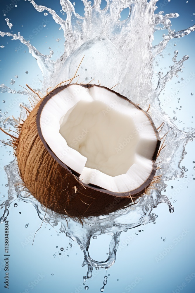 Fresh coconut half splashes into water creating dynamic droplet effects against a blue background Fresh coconut half splashes into water creating dynamic droplet effects against a blue background