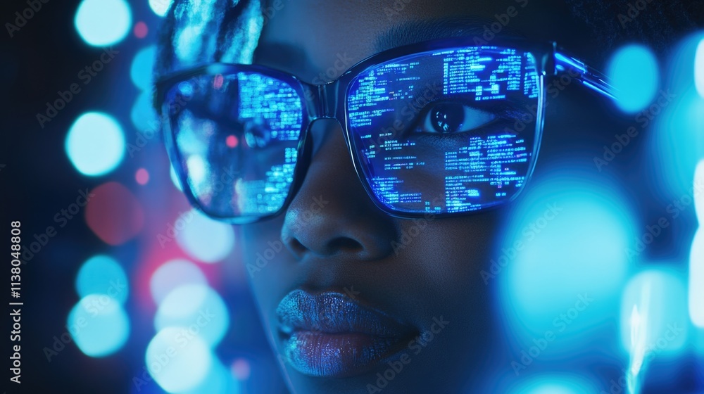 African American woman wearing glasses obscured by digital data streams and holographic symbols. African American woman wearing glasses obscured by digital data streams and holographic symbols.