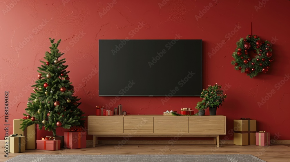 A mockup of an empty flat-screen TV on the wall in front of a red-painted wall A mockup of an empty flat-screen TV on the wall in front of a red-painted wall