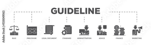 Guideline infographic icon flow process which consists of rule, procedure, legal document, standard, administration, advice, finance, marketing icon live stroke and easy to edit .