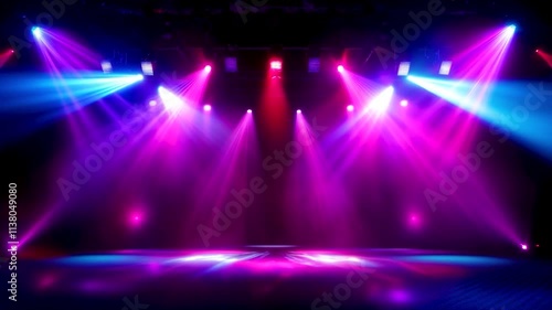 Vibrant disco stage with colorful blue and pink spotlights beaming onto a reflective dance floor, creating a dynamic and energetic concert or nightclub atmosphere