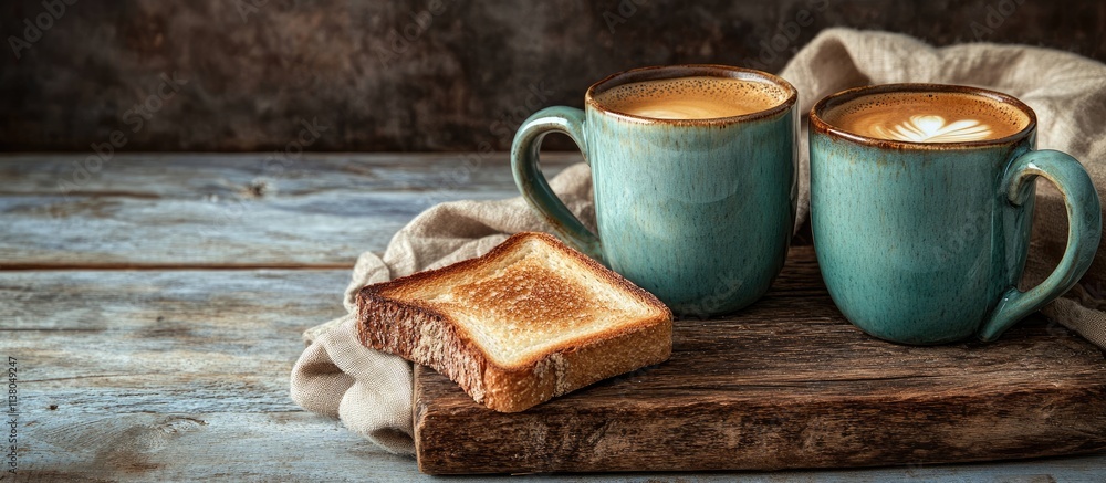 Coffee mugs and toast on wooden board perfect for breakfast or evening break with warm rustic ambiance and cozy setting Coffee mugs and toast on wooden board perfect for breakfast or evening break with warm rustic ambiance and cozy setting